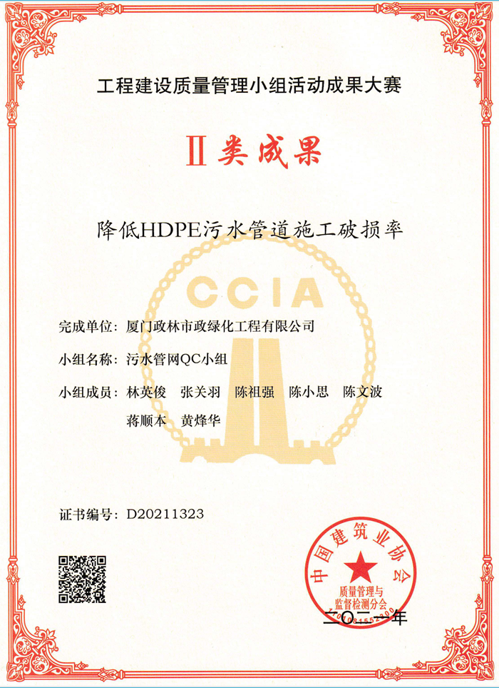 政林QC国家级二等奖 | 降低HDPE污水管道施工破损率